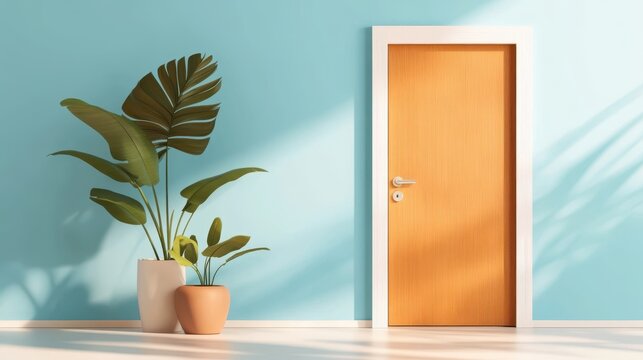 A modern image depicting a serene light blue wall with a minimalistic wooden door, accented by sophisticated potted plants that enrich the peaceful atmosphere.