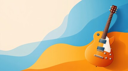 An orange electric guitar is artistically positioned against a dynamic wavy background of blues and oranges, creating a vibrant and expressive visual impact.