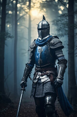 Fototapeta premium a knight in armor, a knight in iron armor in the woods with a sword.