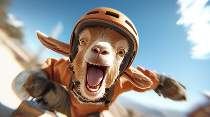 An eager cartoon goat, dressed in vibrant gear, speeds on a skateboard capturing elements of adventure, thrill, and immense joy on a radiant sunny day.