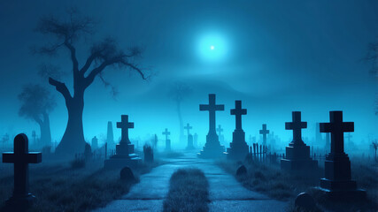 an ancient cemetery on Halloween night, a cemetery with fog at midnight.