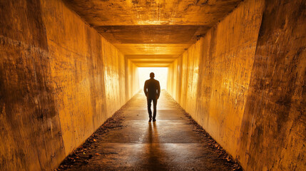 Silhouette of person walking in sunlit tunnel with golden glow
