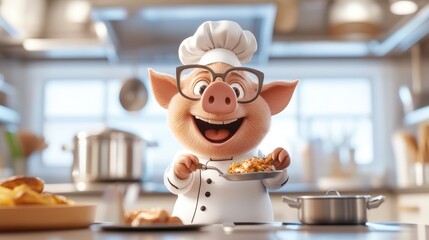 A cute cartoon pig in chef's attire and glasses proudly holding a serving of lasagna, standing in a bustling kitchen with a joyful expression on its face.