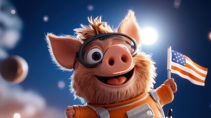 Delighted cartoon pig depicted as an astronaut, exploring the vastness of space with wide-eyed wonder, holding an American flag in a captivating cosmic adventure.