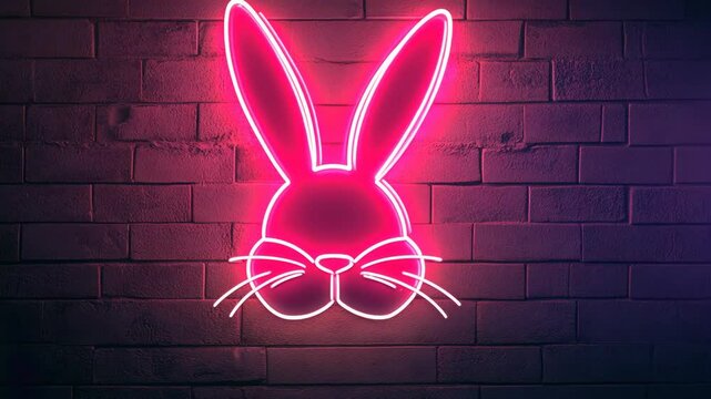 A pink neon rabbit sign illuminates a brick wall