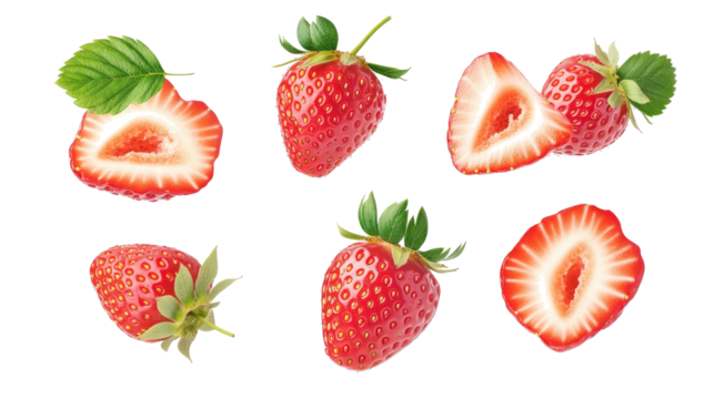Fresh Organic Strawberries and Sliced Halves With Green Leaves Generative AI