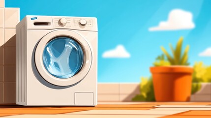 A sleek, energy-efficient washing machine sits on a picturesque open-air terrace, blending modern design and technology within a serene, natural setting.