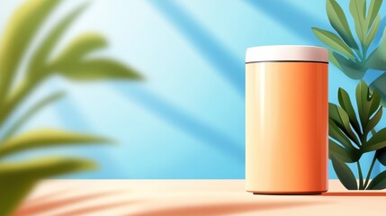 A modern, cylindrical orange fridge is set amid green foliage, embodying minimalist aesthetics with clean lines and warm natural light, creating a serene atmosphere.
