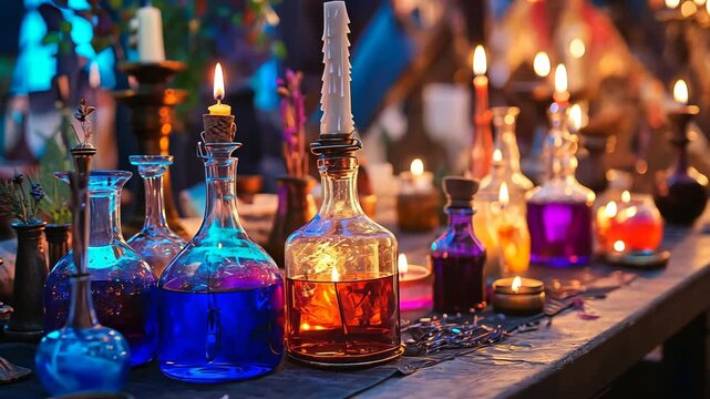 A table with multiple bottles of potion and lit candles in a dimly lit setting