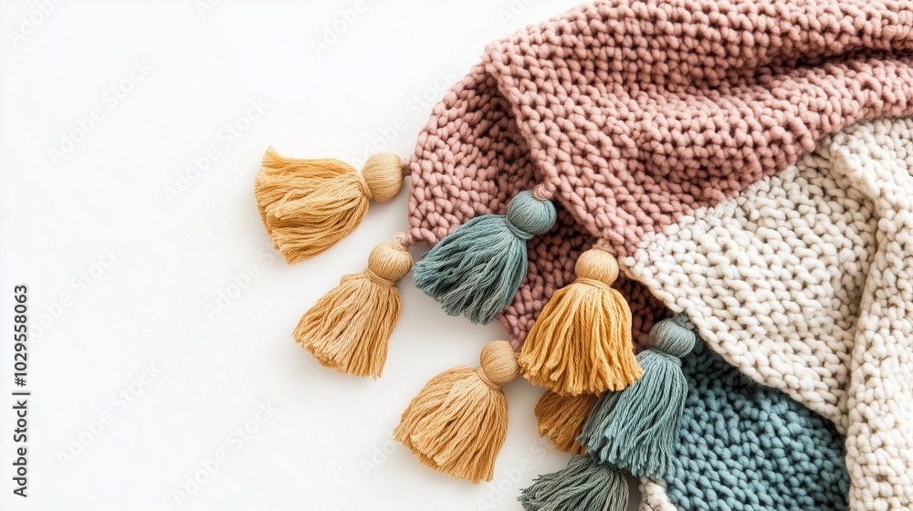 Poster cozy knitted blanket with colorful tassels displayed on a light surface, perfect for adding warmth t