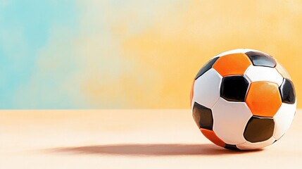 An orange and black soccer ball set against a soft pastel backdrop, creating a harmonious balance of vivid sports imagery with a gentle and soothing background.