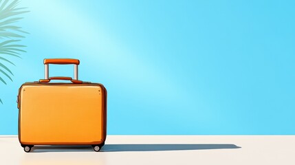 A compact orange suitcase is vividly outlined by shadows against a bright blue backdrop, evoking feelings of travel readiness and modern aesthetics.