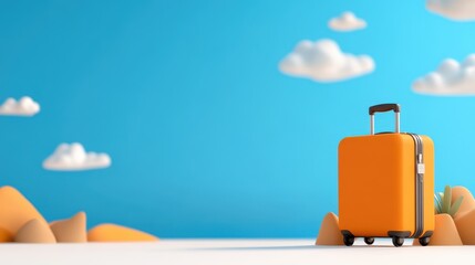 A lone orange suitcase against a surreal sky with clouds and desert rocks, evoking a sense of adventure and dreams in a fantastical artistic scene.