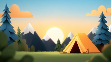 An inviting campsite features a bright yellow tent set against mountain silhouettes in a sunlit meadow, with lush trees and clear skies completing the peaceful scene.