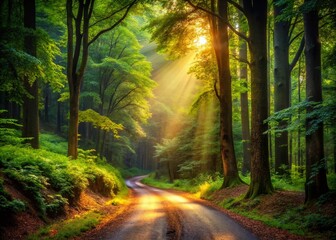 Obraz premium Scenic Dirt Road Through Lush Forest Landscape - Nature Photography