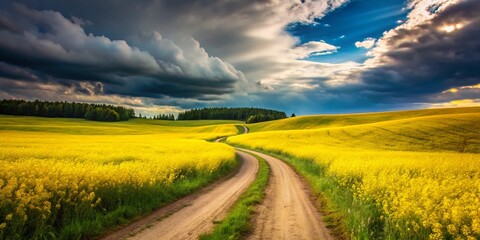 Obraz premium Scenic Dirt Road in Meadow with Yellow Wildflowers Before Thunderstorm - Summertime Overcast Beauty