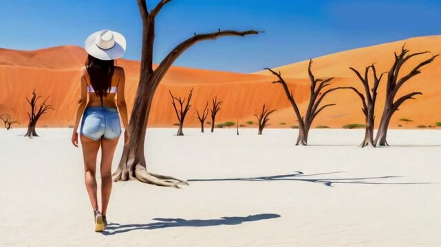  A beautiful woman in a white hat and mini jean shorts walks towards dead trees in Dead Vlei High quality HD 4K video