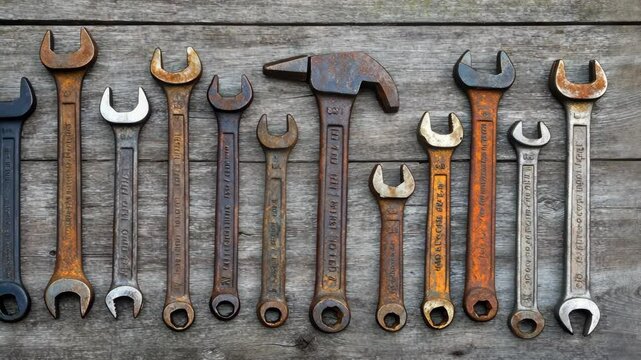A collection of wrenches and a hammer are displayed on a wooden surface