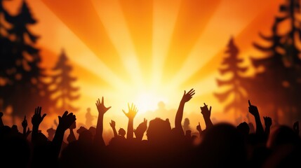 A lively crowd with hands raised is silhouetted against a radiant sun, conveying celebration and unity, with distant trees framing the jubilant group.
