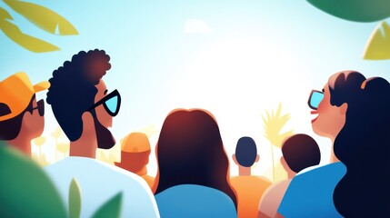 A diverse group of people admire a setting sun, symbolizing peace and unity in vivid, warm colors with a serene atmosphere, depicted in a modern cartoon style.