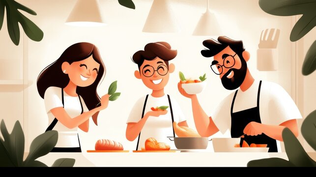 Three friends are happily cooking together in a cozy kitchen, sharing laughter and the joy of creating delicious homemade meals in a friendly atmosphere.