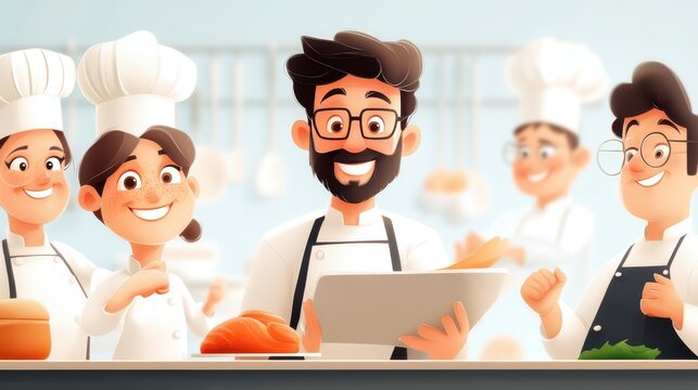 A group of animated chefs with smiling faces collaborate in a well-equipped kitchen, highlighting teamwork, culinary arts, and happiness in a vibrant setting.