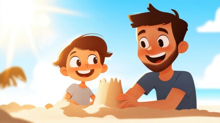 A cheerful father and son duo joyfully build a sandcastle on the beach under the warm sun, representing family bonding, happiness, and carefree summer days.