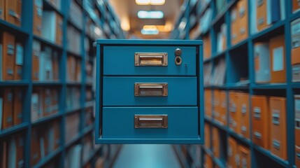 Open blue orange drawers of filing cabinets for storing data, archives and documents in an office setting..