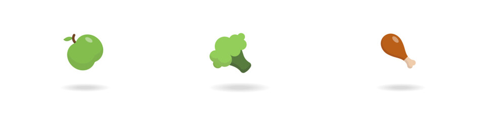 Balanced nutrition icon set. A collection of apples, broccoli, poultry. Chicken leg vector icon. Three types of food: fruits, vegetables, meat. Color pictures of food. Diet type logo.