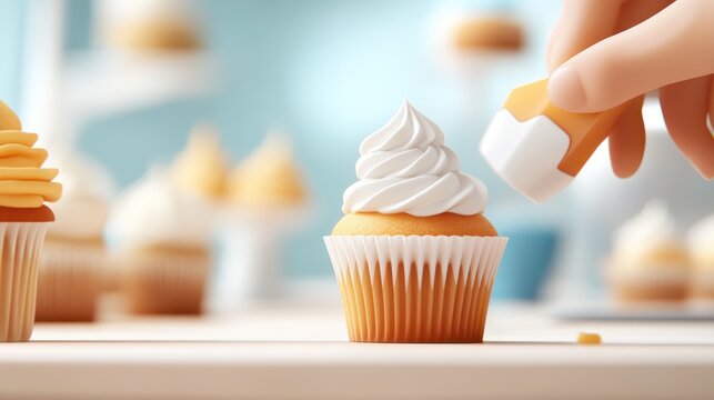 A close-up shot capturing the precision of a hand adding final touches to a cupcake, highlighting craftsmanship and detail-oriented dedication in baking.