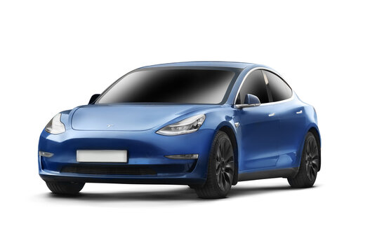 Front and left side view of a blue Tesla Model 3 photographed against a transparent background, showcasing the sleek and modern design of the electric vehicle