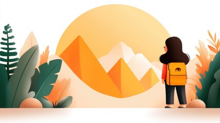 A person with long hair and a yellow backpack stands amidst stylized plants, looking at the sunlit mountain peaks, under a large, glowing sun.