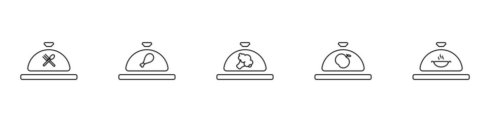 Food delivery vector set. Icons of coasters for different dishes. Lids on boards with food. Food temperature preservation vector. Restaurant stands for food. Vector illustration.