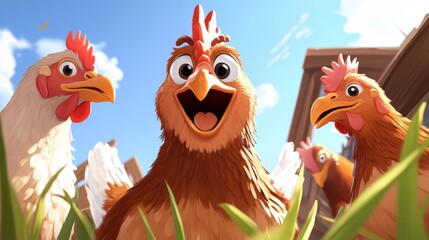 Fototapeta premium A group of lively cartoon chickens, surrounded by a smiling cartoon character, appears in an outdoor setting, creating a vibrant and delightful atmosphere.