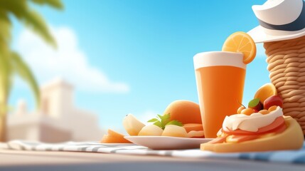 An inviting outdoor brunch scene featuring gourmet food items and a refreshing juice, set against a fantastic backdrop of palm trees and clear blue skies.