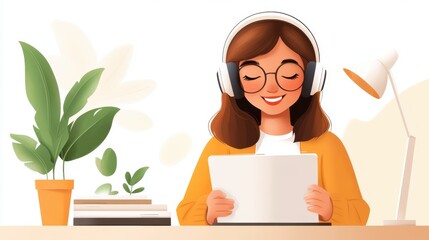 An illustration of a woman with headphones reading a digital tablet, exuding concentration and joy, surrounded by a cozy indoor setting with a potted plant.