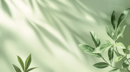 A soft sage background featuring blurred leaf shadows creates a tranquil setting for presenting calming products. This minimalist design is perfect for wellness branding, packaging, and advertising.