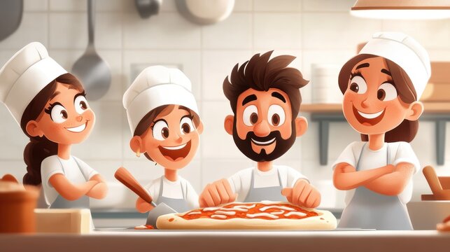 In a bright, clean kitchen, cheerful chefs joyfully create a colorful pizza masterpiece, symbolizing teamwork, skill, creativity, and the joy of culinary creation.
