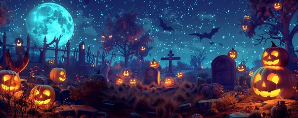 Halloween night scene, pumpkins, moon, glowing trees, spooky graveyard, jack o' lanterns.