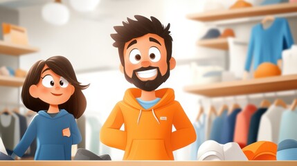 A cheerful cartoon couple stands in a brightly lit clothing store, surrounded by shelves of neatly arranged colorful garments, exuding warmth and friendliness.