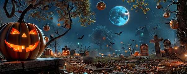 Halloween night scene, pumpkins, moon, glowing trees, spooky graveyard, jack o' lanterns.