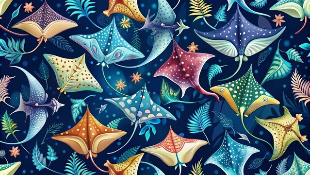 Seamless Decorative Stingray Pattern in Gzel Style - Unique Silhouette Design for Textiles and Wallpapers