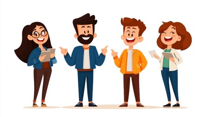 In a vibrant and dynamic setting, four animated characters animatedly debate, pointing and smiling. The lively discussion reflects their lively personalities and camaraderie.