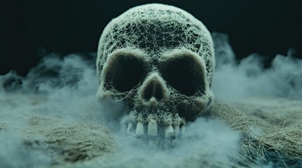 Detailed image of a human skull and smoke around it. Halloween and Day of the Dead. Spooky design. Illustration for cover, card, postcard, interior design, banner, poster, brochure or presentation.