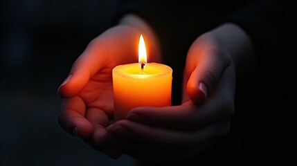 A paraffin candle burns in closed palms. Concept of memory, warmth and religion. Illustration for cover, postcard, interior design, poster, brochure or presentation.