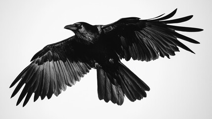 Obraz premium Black Raven in Flight Wings Spread Isolated on White Background