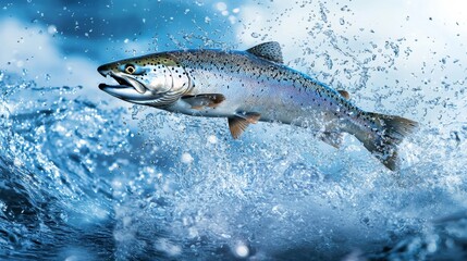 salmon fish jumping with splashing in water