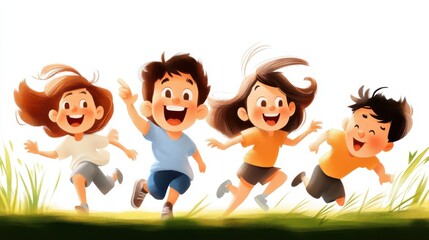 A group of four happy children running freely through a colorful breezy meadow, capturing the essence of joy, freedom, and playfulness in an animated style.