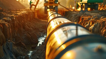 The work of laying pipes in the trench. An industrialized scene of construction site work or repair work. Illustration for advertising, banner, poster, cover, brochure or presentation.