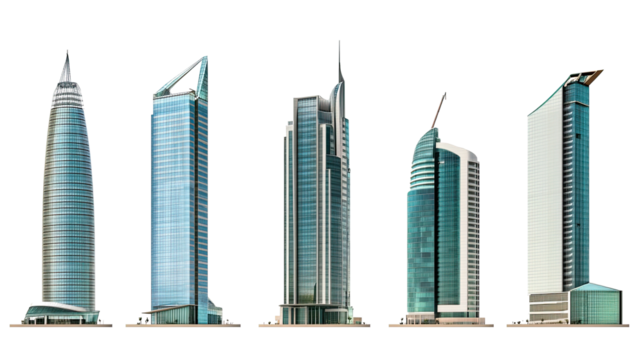 Collection of Tall Office Buildings Isolated on a White Background Generative AI